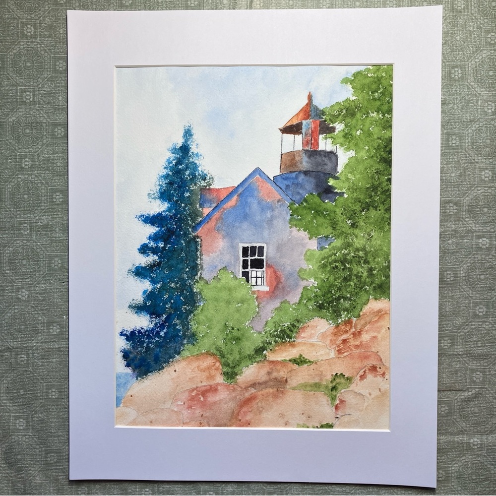 Charming House on the Hill Watercolor Painting Framed in White Matting